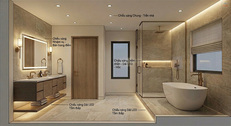 Bố trí đèn chiếu sáng trong phòng tắm