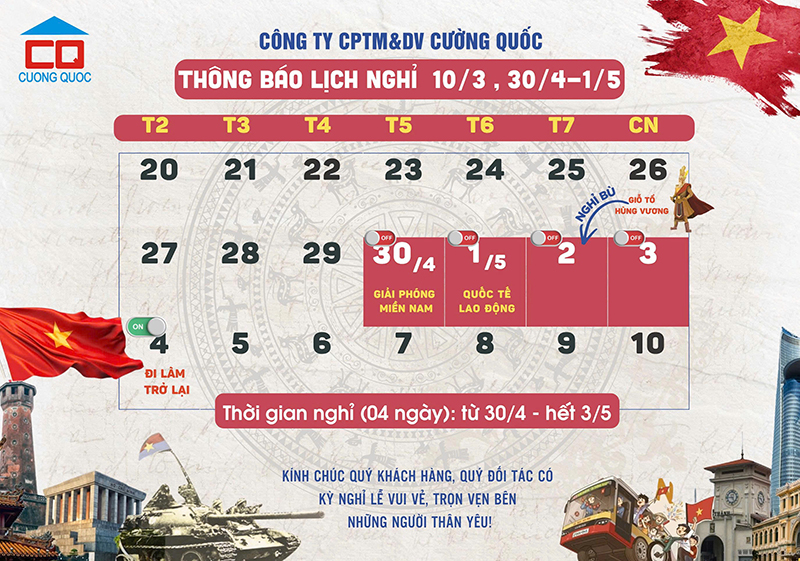 Thông báo nghỉ lễ Giỗ Tổ Hùng Vương & Ngày Giải phóng miền Nam 30/4 - Quốc tế Lao động 1/5