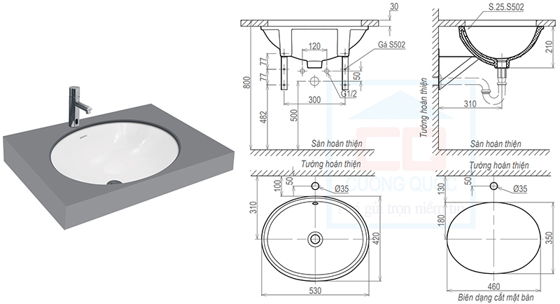 Kích thước lavabo âm bàn Sanfi S502