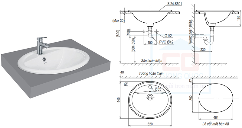 Kích thước lavabo dương vành Sanfi S501