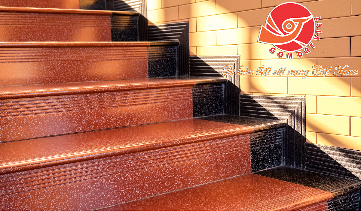 Gạch bậc cầu thang đỏ chấm bi trắng Gốm Đất Việt