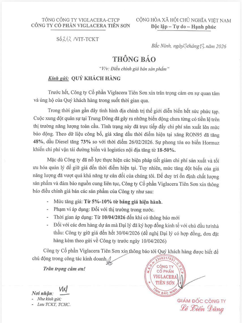 Thông báo tăng giá Viglacera