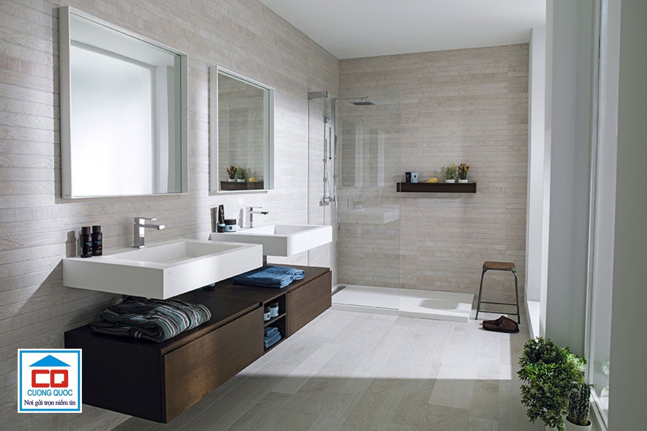 bố tr&iacute; ph&ograve;ng tắm cao cấp với chậu rửa viglacera