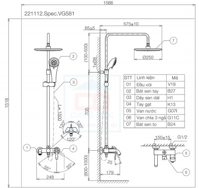  Sen tắm cây có vòi 2 bát sen Viglacera VG581 (VSD581)