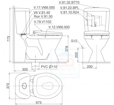 Bồn cầu két rời Viglacera VI66 (nắp thường)