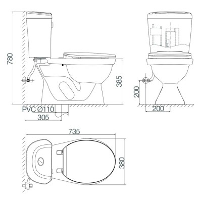 Bồn cầu két rời Viglacera VI88 (nắp thường)