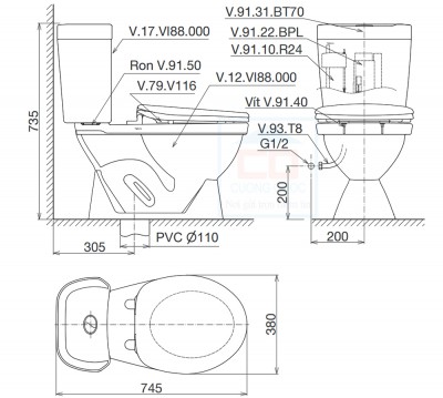 Bồn cầu két rời Viglacera VI88 (nắp êm)