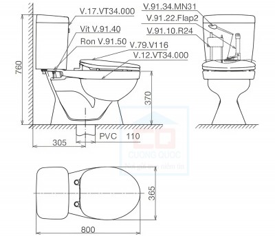 Bồn cầu két rời Viglacera VT34 (nắp êm)