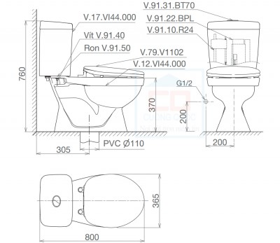Bồn cầu két rời Viglacera VI44 (nắp thường)
