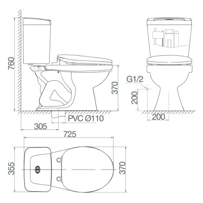 Bồn cầu két rời Viglacera VT34 (nắp thường)