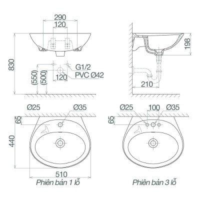 Chậu rửa treo tường Viglacera VTL2 