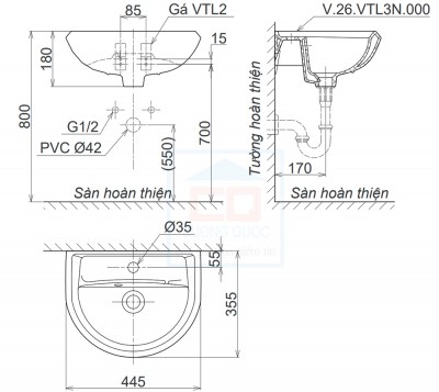 Chậu rửa treo tường Viglacera VTL3N