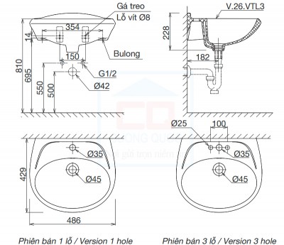 Chậu rửa treo tường  Viglacera VTL3