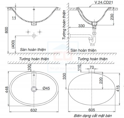 Chậu lavabo dương vành Viglacera CD21
