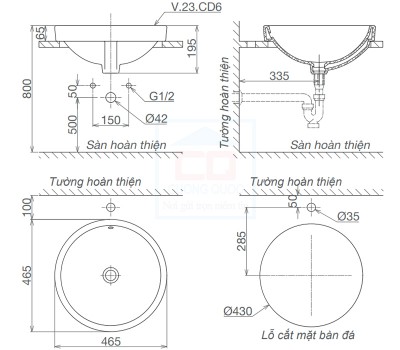 Chậu đặt dương vành bán âm bàn đá Viglacera CD6