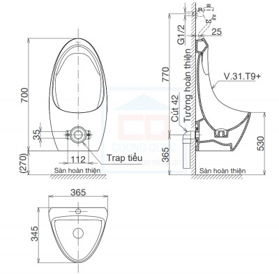 Tiểu nam treo tường Viglacera T9 ( cấp dương )