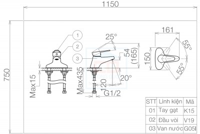 Vòi nóng lạnh 3 lỗ viglacera VG315