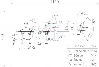 Vòi nóng lạnh 3 lỗ viglacera VG368