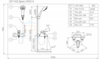 Sen tắm nóng lạnh gắn tường Viglacera VG514