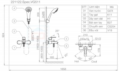 Sen tắm nóng lạnh gắn tường Viglacera VG511