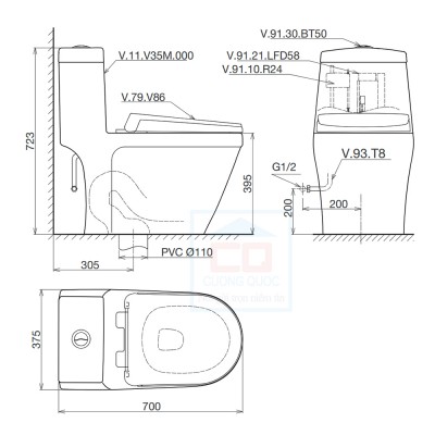 Bồn cầu liền 1 khối Viglacera V35M