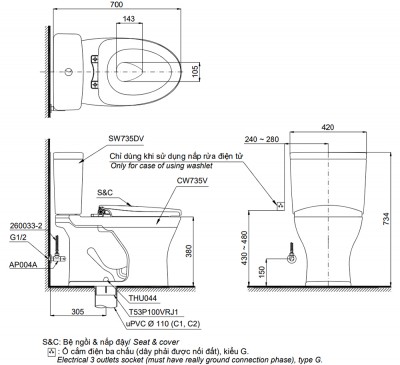 Bồn cầu 2 khối nắp êm TOTO CS735DT3