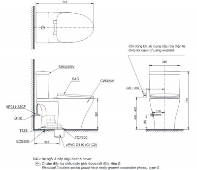 Bồn cầu 2 khối TOTO CS326DE2 nắp cơ