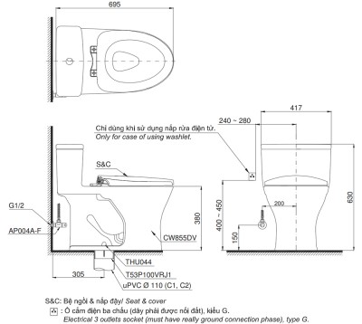 Bồn cầu 1 khối nắp điện tử TOTO MS855DW16