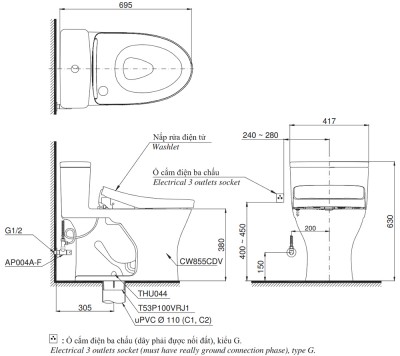 Bồn cầu nắp rửa điện tử TOTO MS855DW14