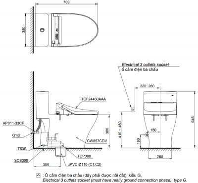 Bồn cầu nắp rửa điện tử TOTO MS857CDW15