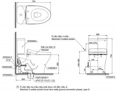 Bồn cầu TOTO CS838CDW15 nắp điện tử