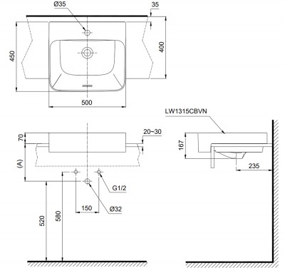 Chậu lavabo bán âm bàn TOTO LW1315CBVN#XW