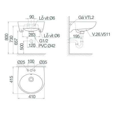 Chậu rửa treo tường Viglacera V511