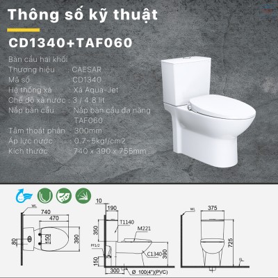 Bồn cầu nắp rửa cơ Caesar CD1340 + TAF060