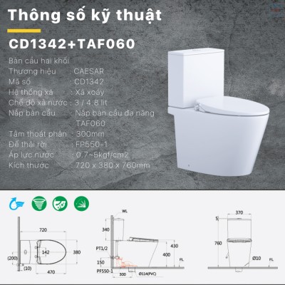 Bồn cầu nắp rửa cơ Caesar CD1342 + TAF060