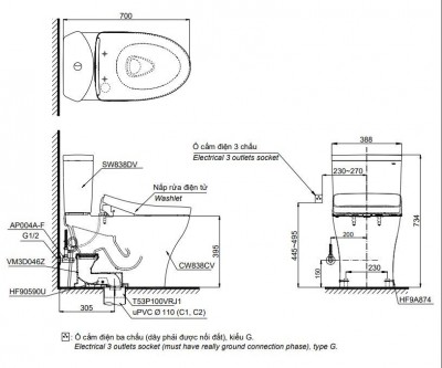 Bồn cầu 2 khối TOTO CS838CDW24#XW nắp điện tử ( GIÁ KM TỪ 20/4- 17/5)