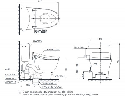 Bồn cầu 2 khối nắp điện tử TOTO CS767RW24