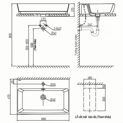 Chậu lavabo dương bàn Viglacera V57