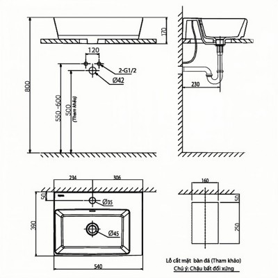 Chậu lavabo dương bàn Viglacera V22