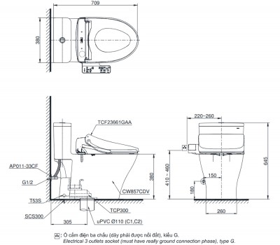 Bồn cầu 1 khối TOTO MS857CDW26 kèm nắp điện tử