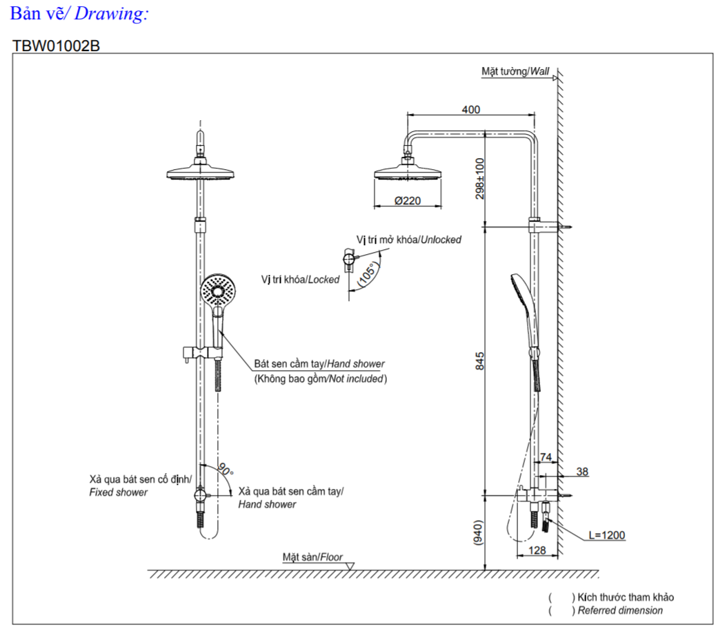 Th&ocirc;ng số kỹ thuật bộ sen c&acirc;y toto TBW01002B/TBG01302V/TBW01010A