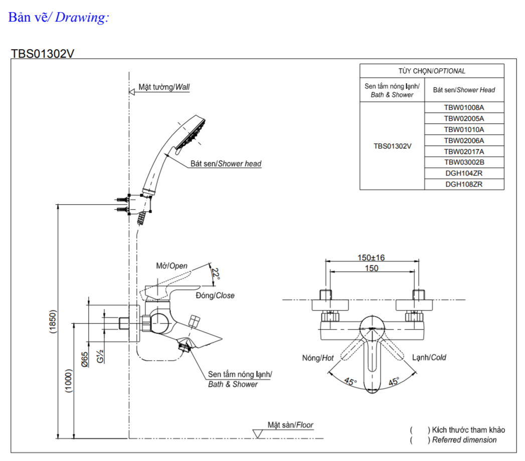 Th&ocirc;ng số kỹ thuật bộ sen c&acirc;y toto DM907CS-TBS01302V-DGH104ZR