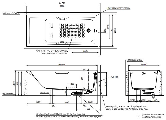 K&iacute;ch thước bồn tắm toto PAY1720HV-TVBF411 cao cấp