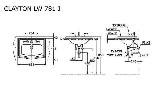 K&iacute;ch thước lavabo 1 lỗ dương b&agrave;n toto LW781CJ#W