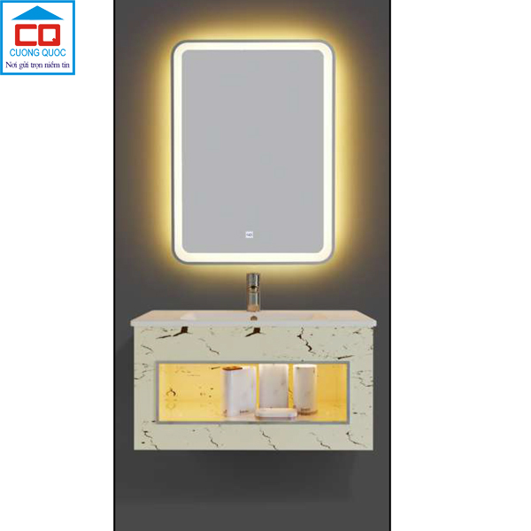 Bộ tủ lavabo thủy tinh và gương đèn led cảm ứng cao cấp QB CABINET $ MIRROR QG812-QK8-QL929V