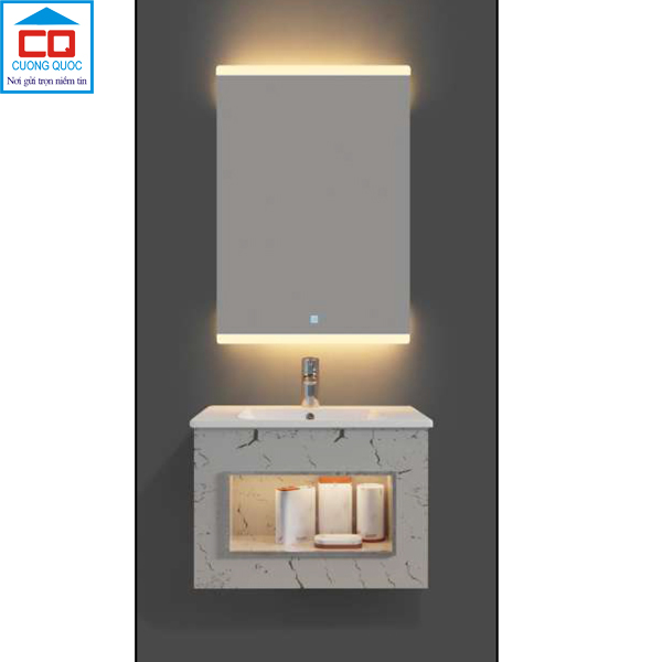 Bộ tủ lavabo thủy tinh và gương đèn led cảm ứng cao cấp QB CABINET $ MIRROR QG613-QK6-QL902V